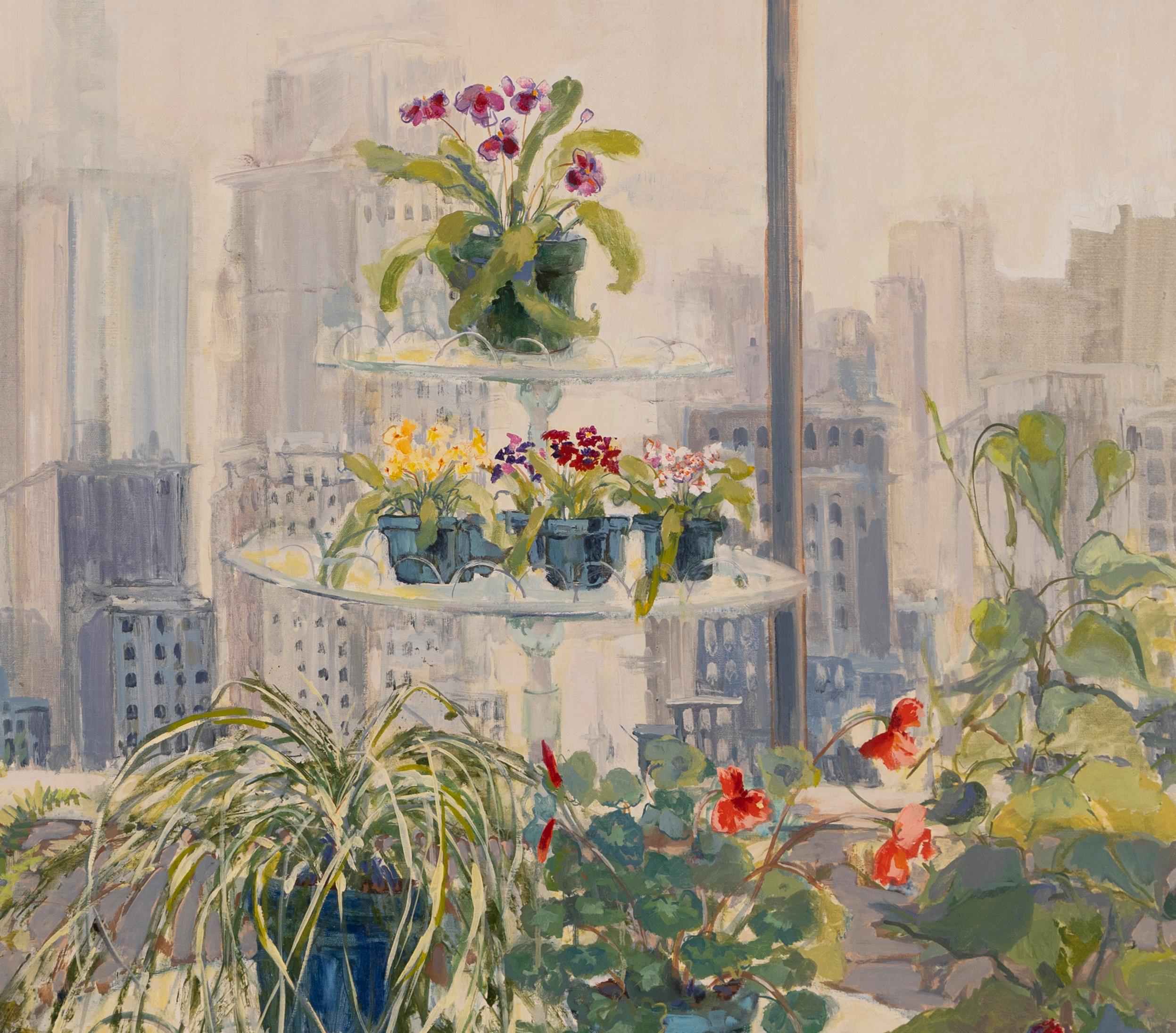 Huge American Modernist New York City Balcony View Flower Still Life Painting - Brown Still-Life Painting by Unknown