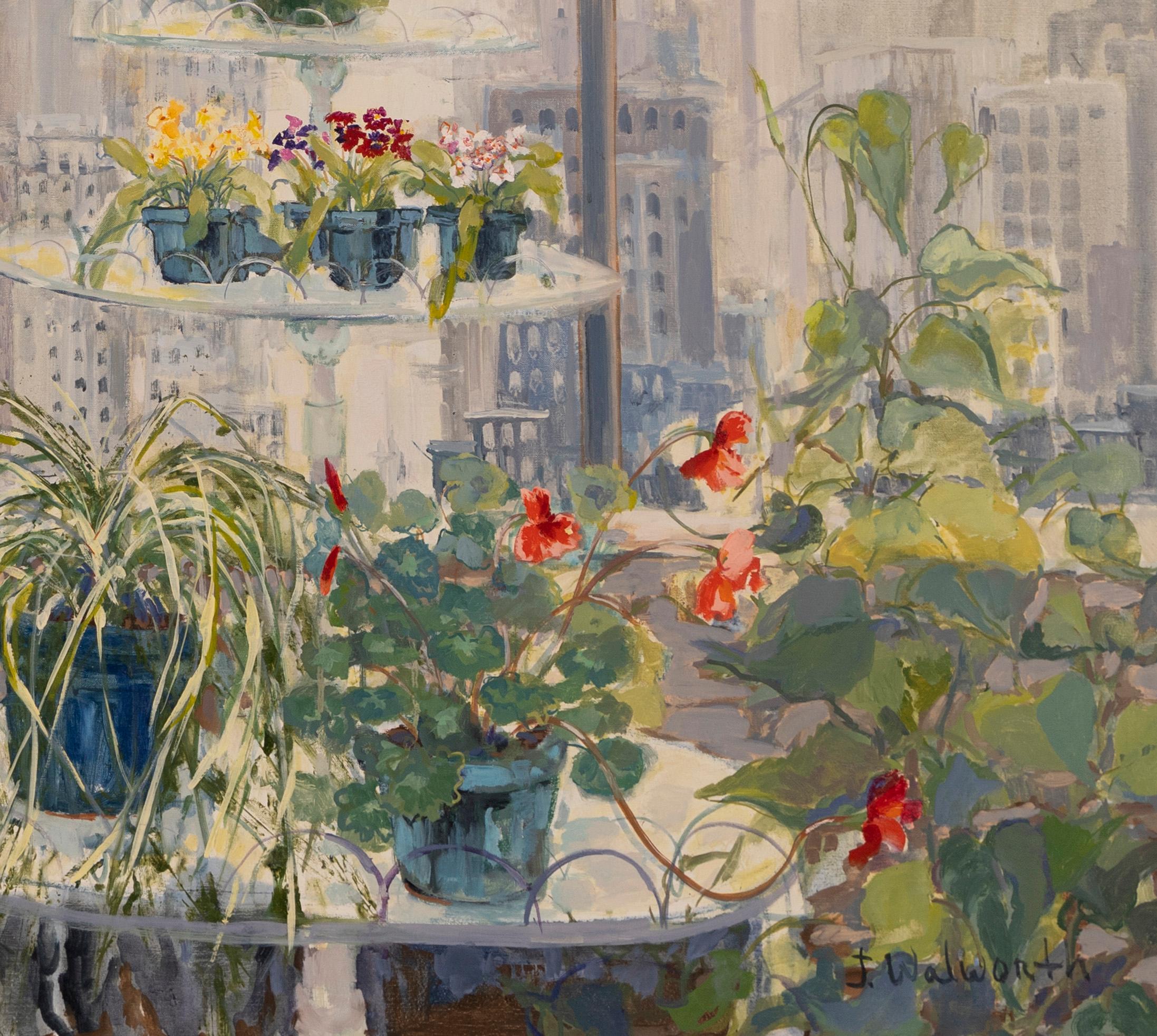 Vintage American school modernist oil painting of  a New York City street scene thru a plant covered balcony.  Oil on canvas, circa 1950.  Signed.  Image size, 50L x 36H.  Framed