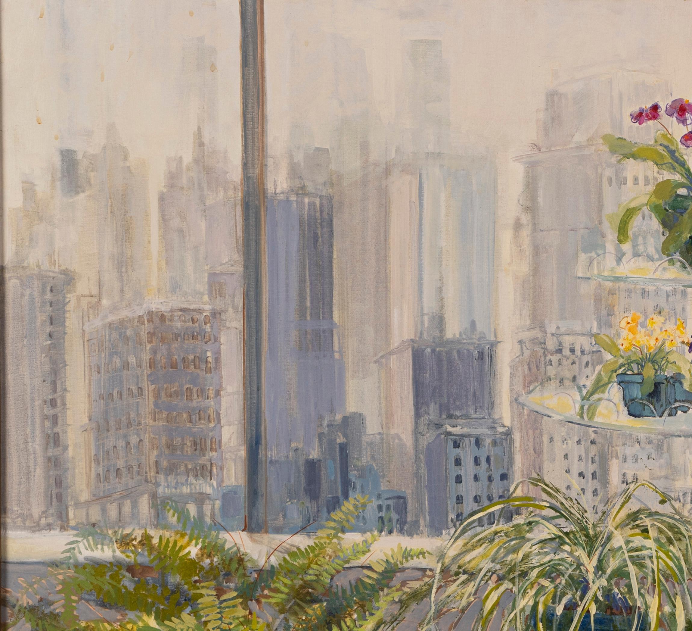 Huge American Modernist New York City Balcony View Flower Still Life Painting 1