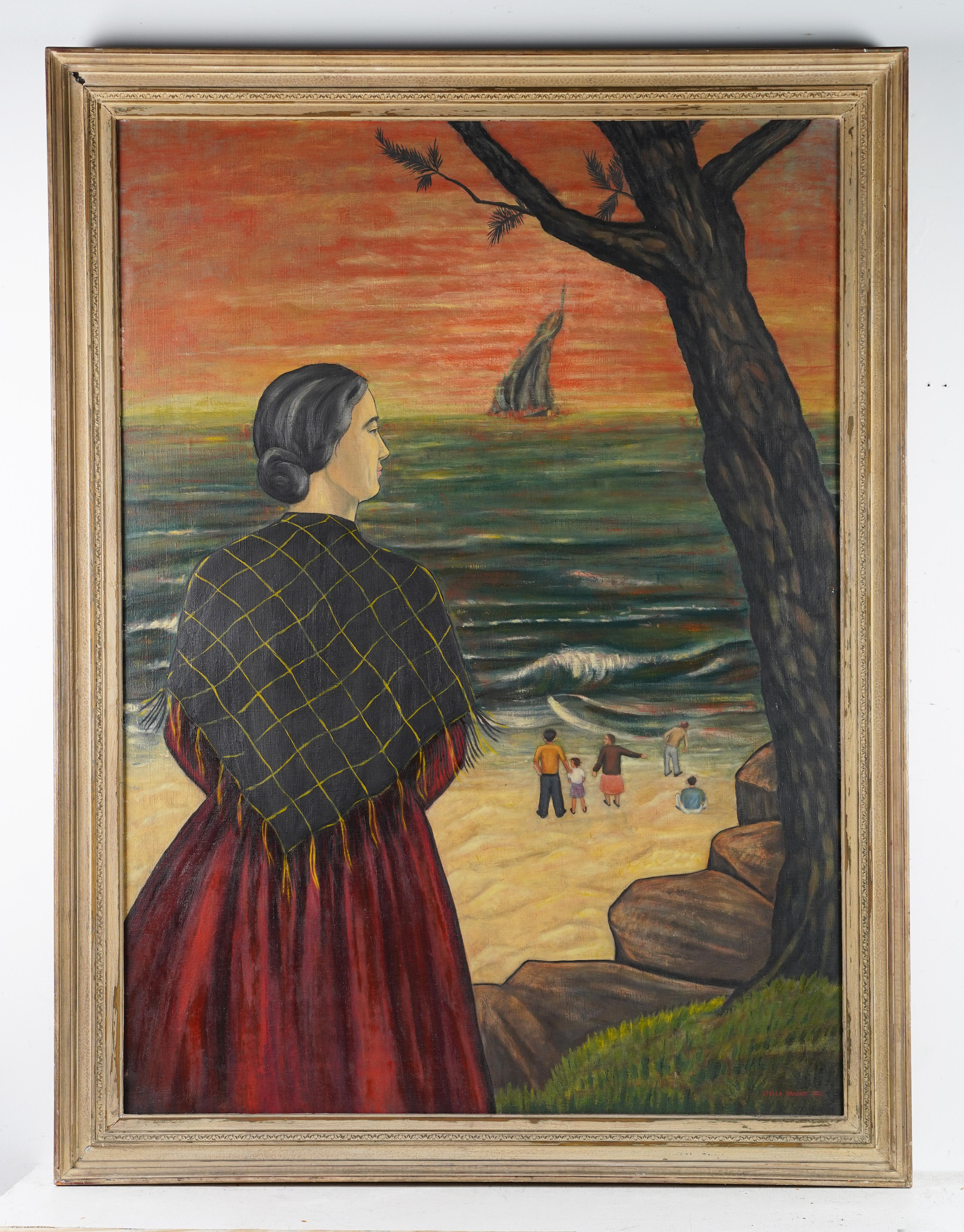 Huge Antique American School Signed Seaside Beach Scene Framed Oil Painting 1