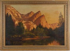 Huge Antique Western California Mountain Landscape Framed River Oil Painting