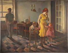 Huge Aschan School WPA Style Social Realism Interior Scene Portrait Oil Painting