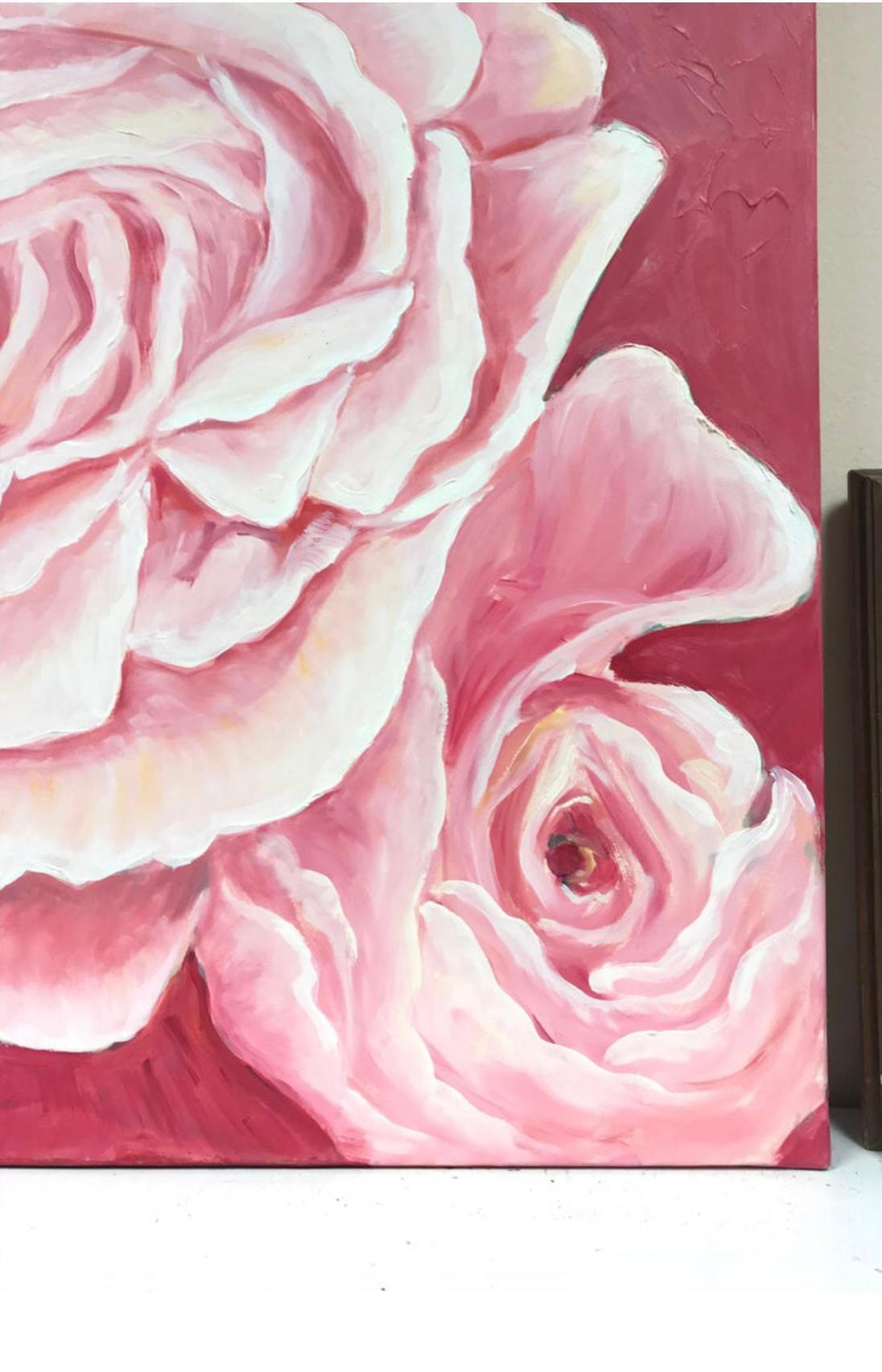 Enorme Pintura al Óleo Impresionista Francesa Brillante y Colorida - Rosas Rosas Blancas - Painting de Unknown