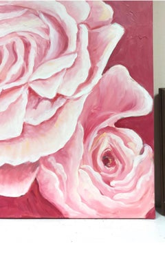 Huge Bright & Colorful French Impressionist Oil Painting - Pink White Roses