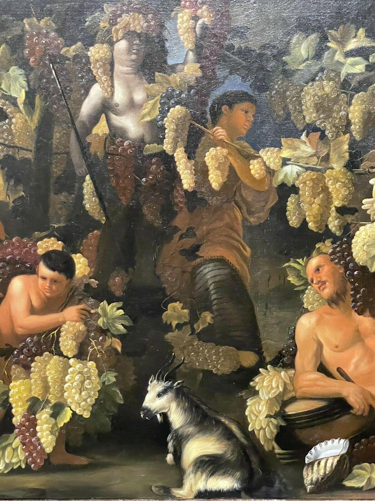 Artist/ School: Continental School, late 20th century

Title: The Grape Harvest, bacchanalian figurative scene

Medium:  oil painting on canvas, unframed

Size:  painting: 24 x 36 inches

Provenance: from a private collection in England.

Condition: