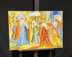 HUGE FRENCH CONTEMPORARY OIL PAINTING - ELEGANT LADIES WITH PARASOLS IN THE SUN