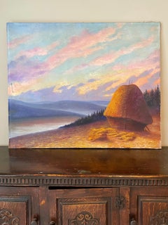 Huge French Impressionist Oil Painting - Haystacks at Sunset - Fine Landscape