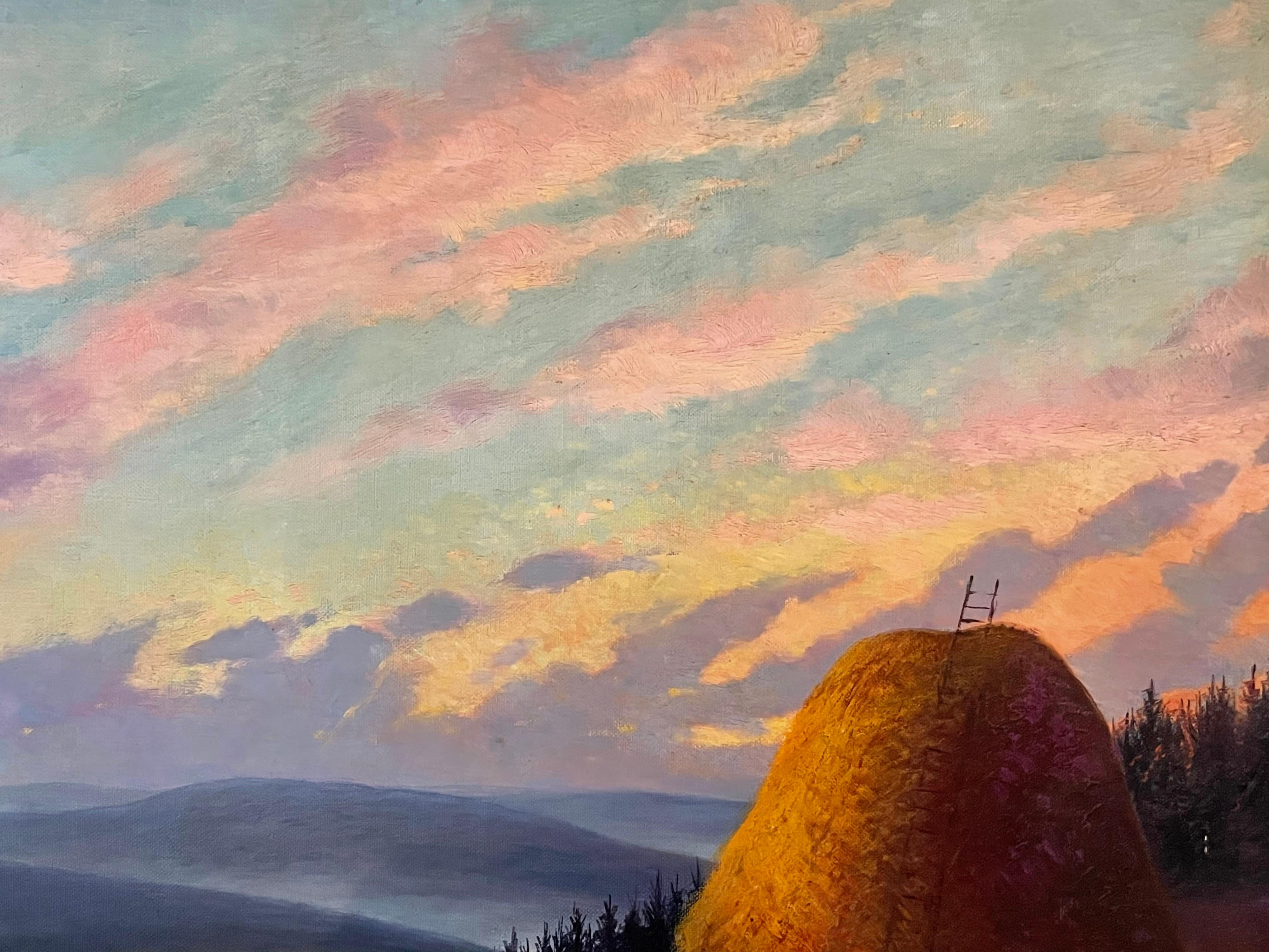 Huge French Impressionist Oil Painting - Haystacks at Sunset - Fine Landscape - Brown Landscape Painting by Unknown