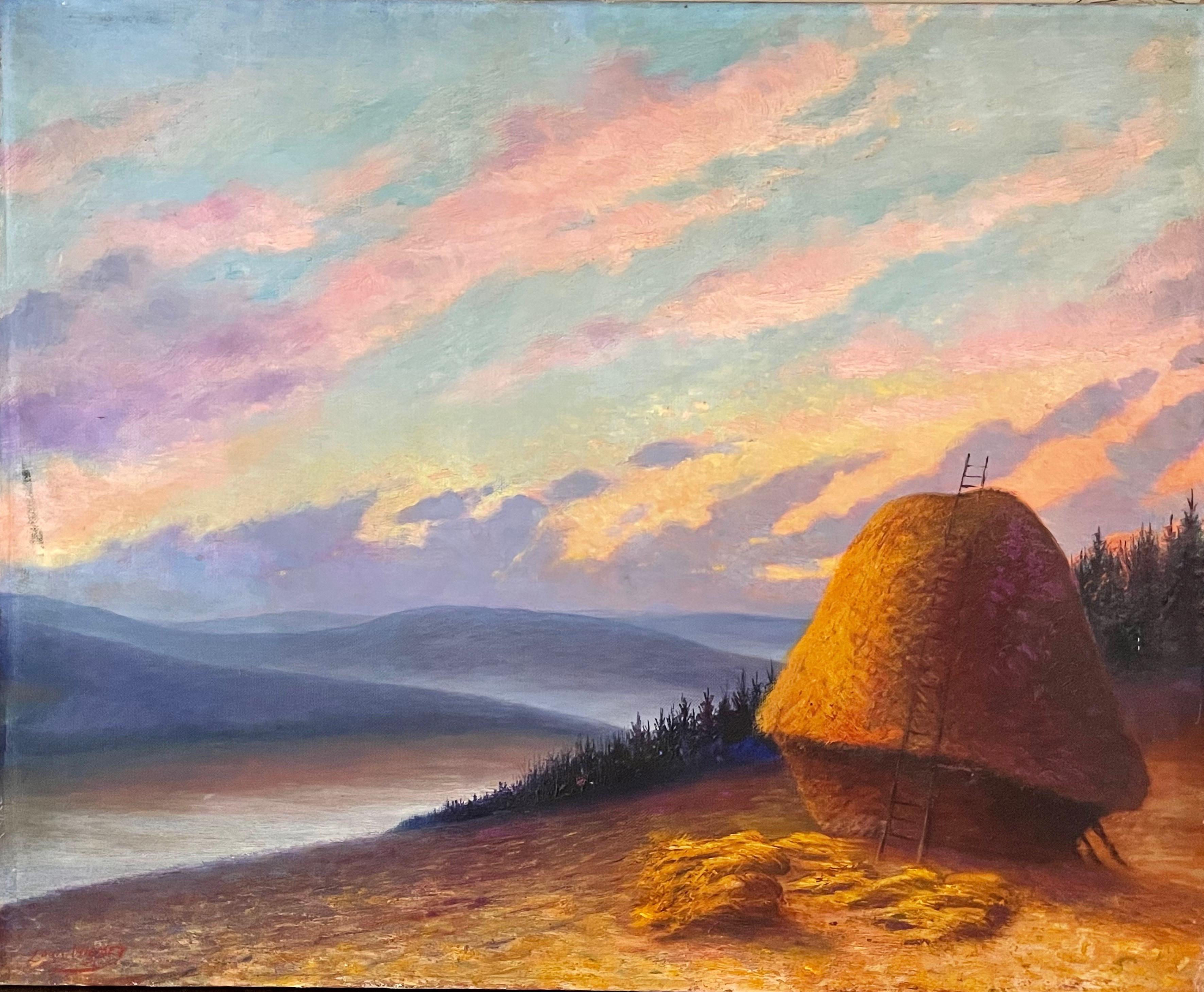 Unknown Landscape Painting - Huge French Impressionist Oil Painting - Haystacks at Sunset - Fine Landscape