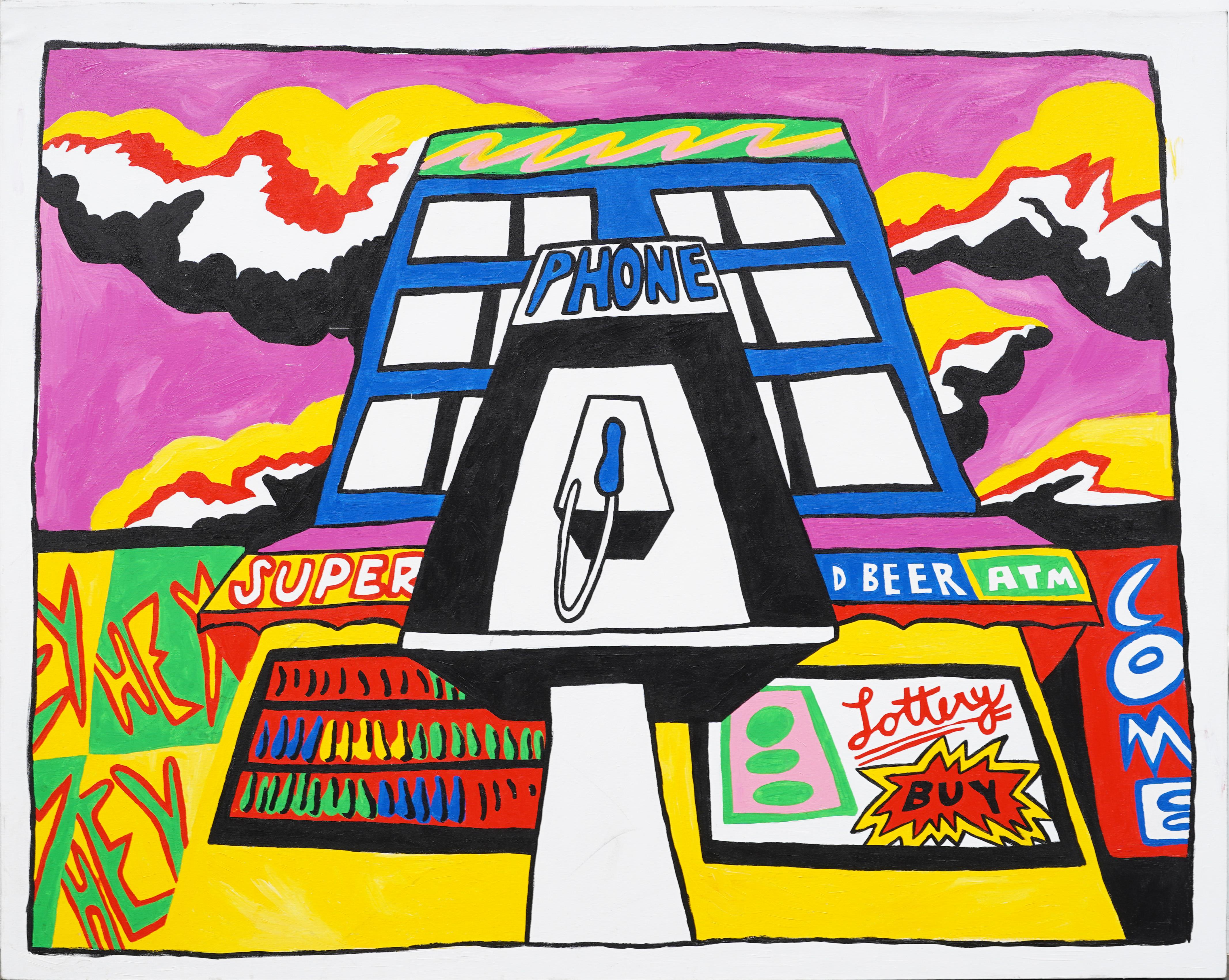 Unknown Abstract Painting - Huge Graphic Technicolor Pop-Art Cityscape Original Acrylic Painting