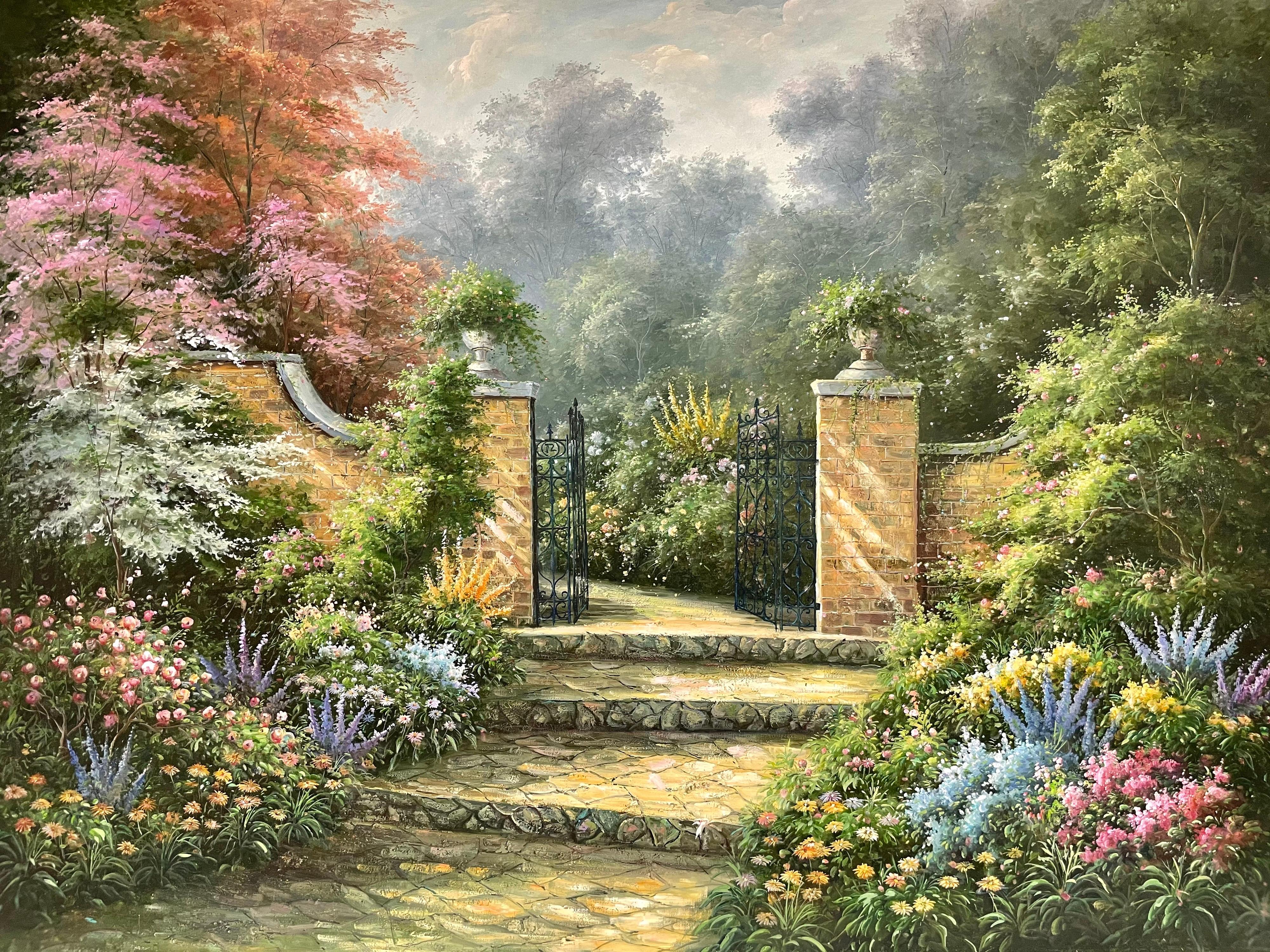 Enorme dipinto a olio impressionista Giardino di campagna con cancelli Fiori abbondanti - Painting di Unknown