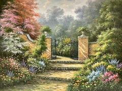 Huge Impressionist Oil Painting Country Garden with Gates Abundant Flowers