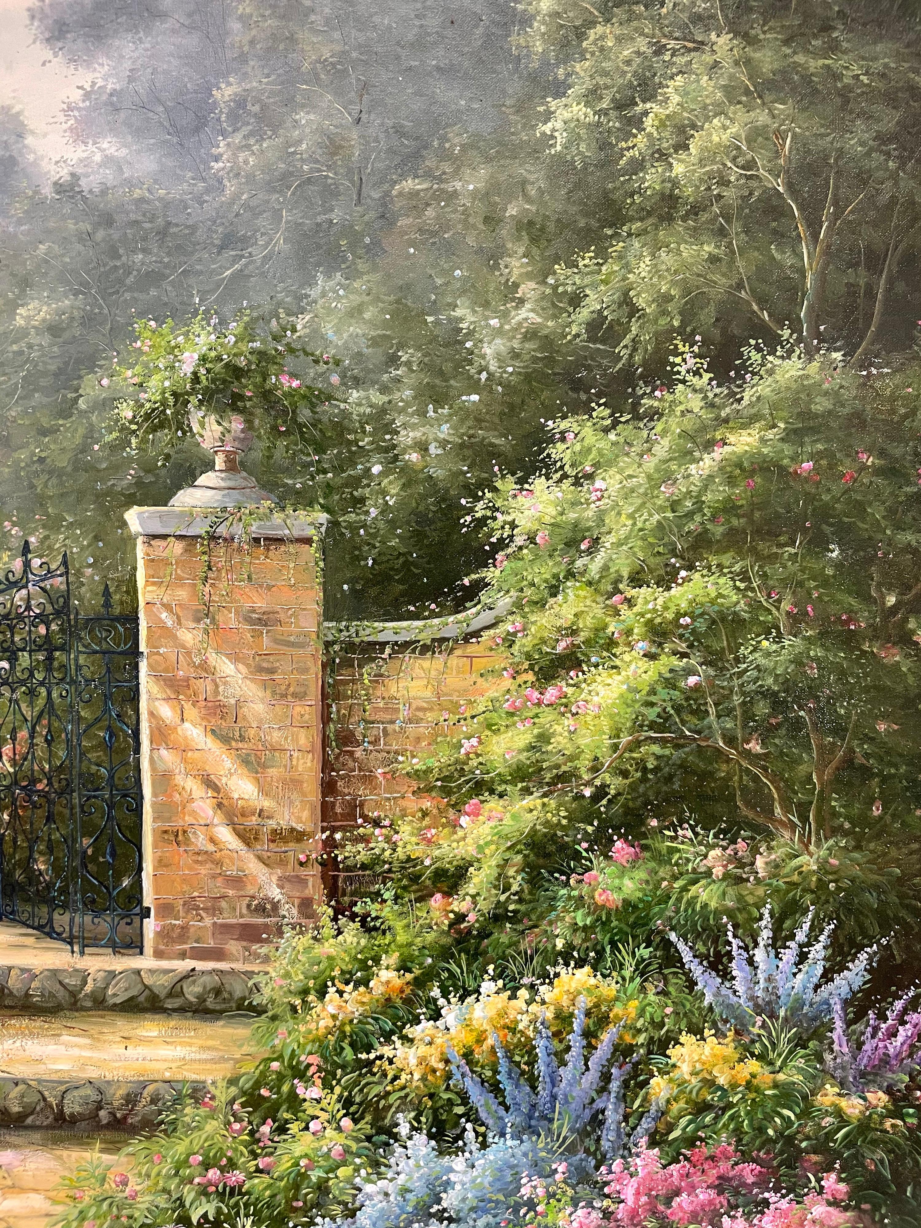 Enorme dipinto a olio impressionista Giardino di campagna con cancelli Fiori abbondanti - Painting Impressionismo di Unknown