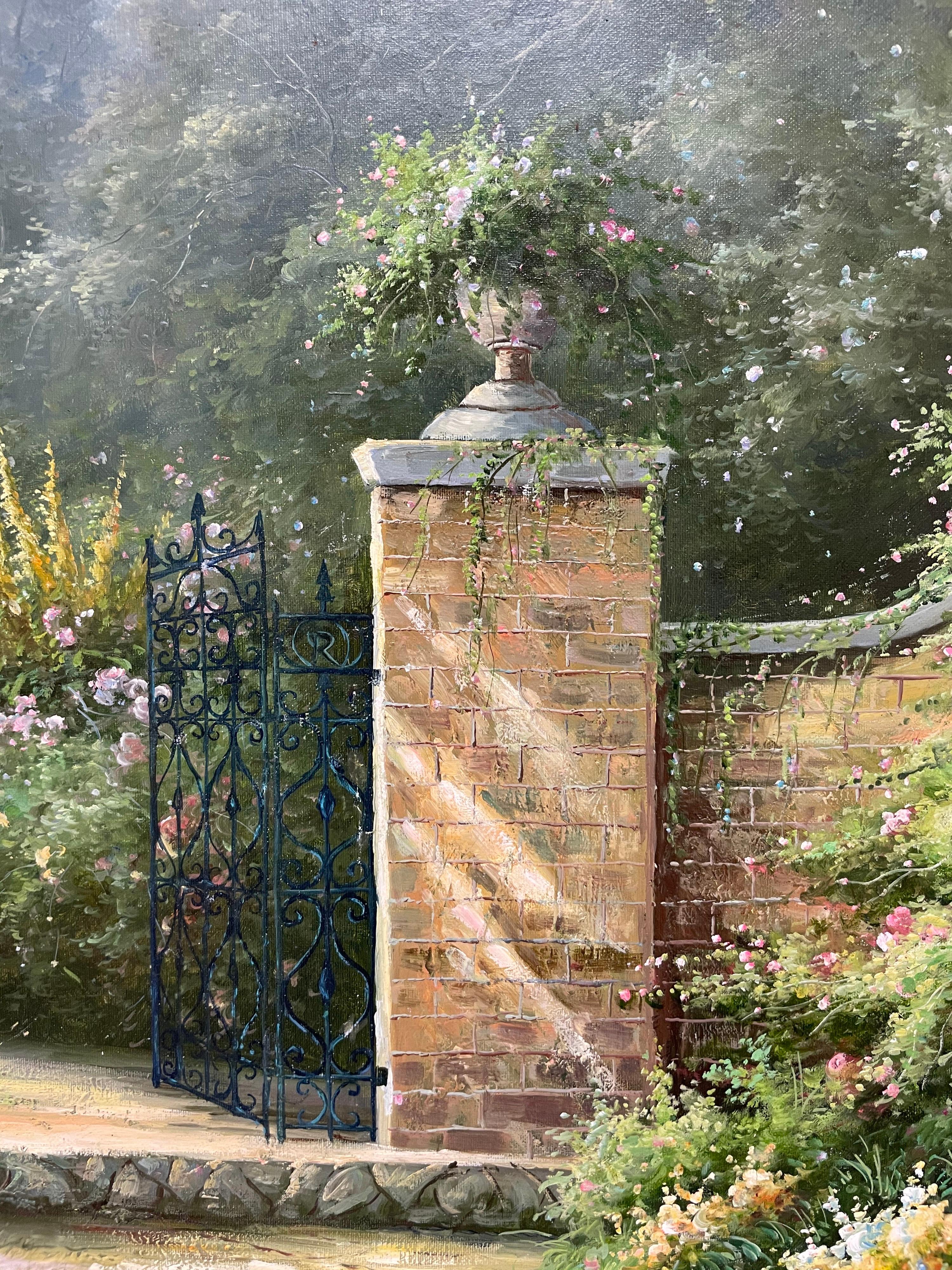 Enorme dipinto a olio impressionista Giardino di campagna con cancelli Fiori abbondanti - Landscape Painting Marrone di Unknown