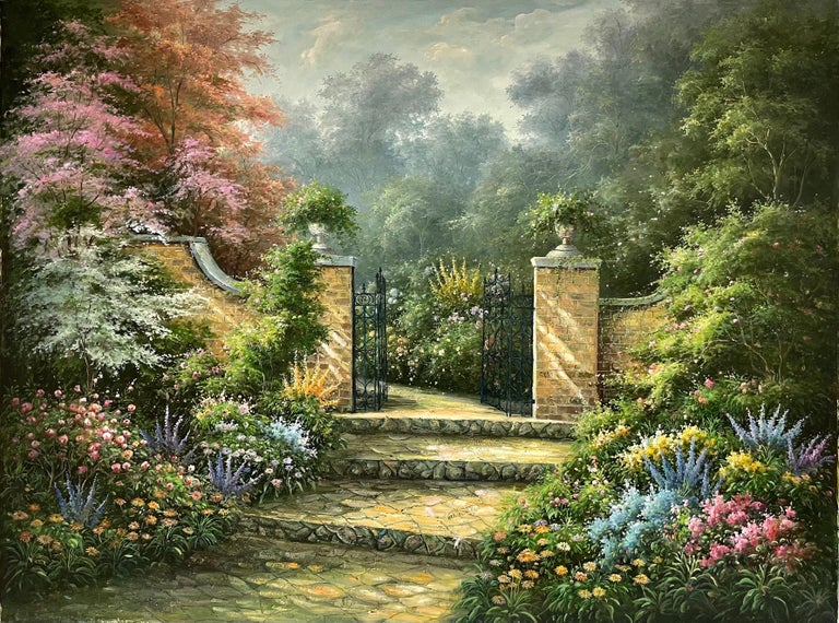 Unknown Huge Impressionist Oil Painting Country Garden With Gates Abundant Flowers For Sale At 1stdibs