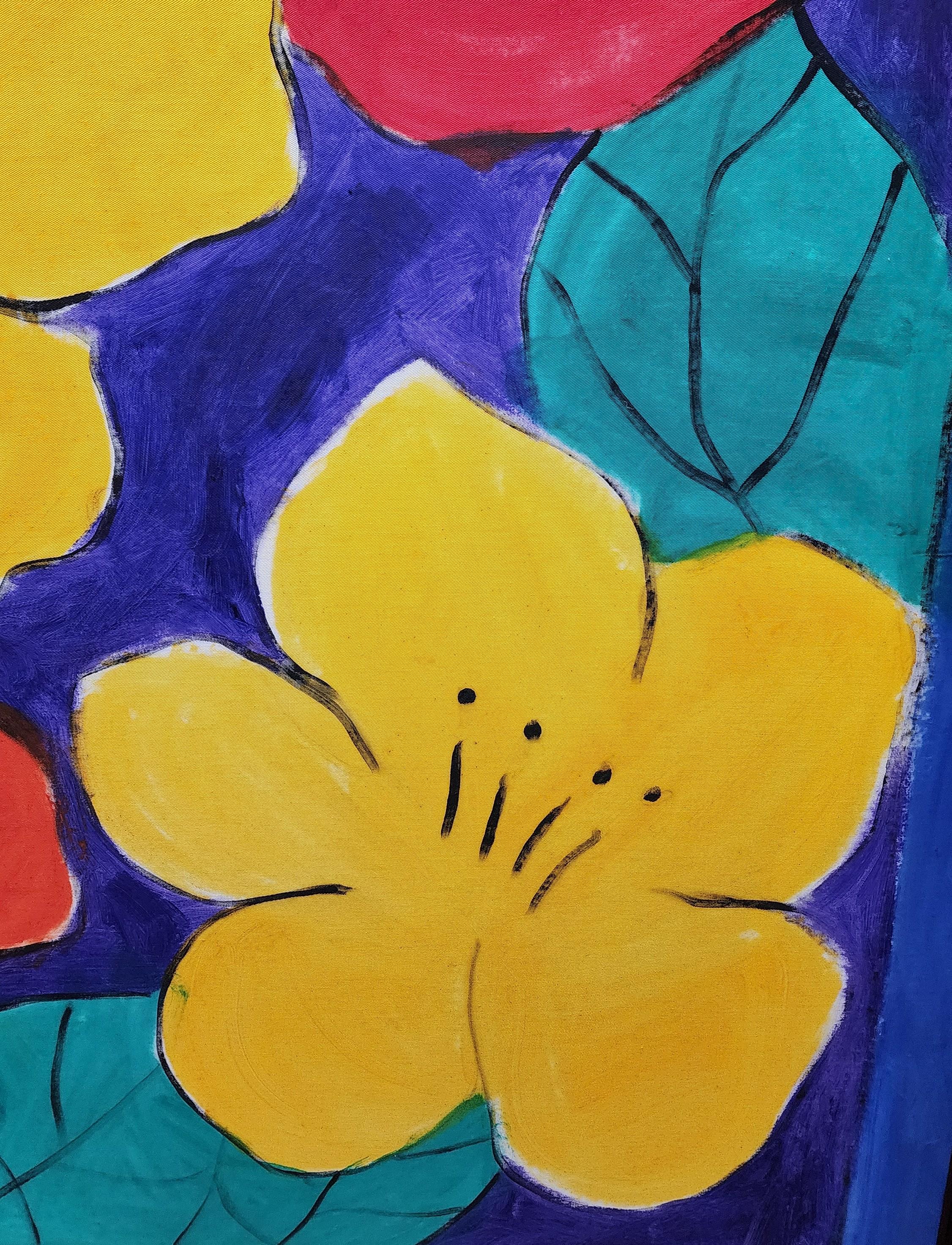 Riesige Mid Century Modern, Bunte Blumen 1970er Gemälde, American Abstract (Gelb), Abstract Painting, von Unknown