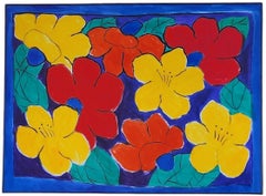 Enorme dipinto di metà secolo moderno, colorato e floreale, anni '70, astratto americano