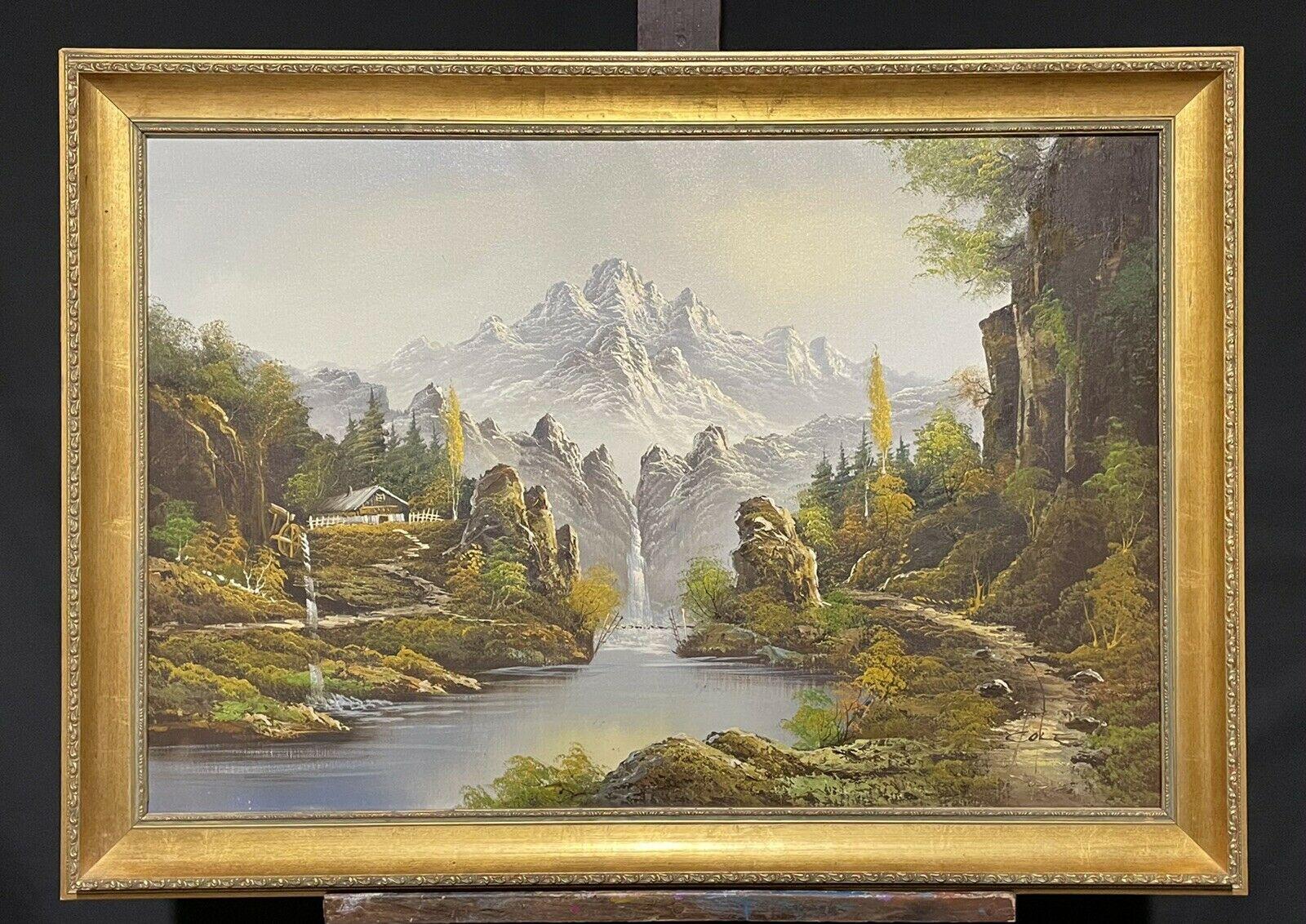 HUGE SIGNED EUROPEAN OIL PAINTING - RUGGED MOUNTAIN LANDSCAPE WATERFALL RIVER - Painting by Unknown