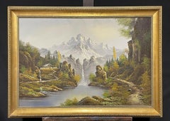 HUGE SIGNED EUROPEAN OIL PAINTING - RUGGED MOUNTAIN LANDSCAPE WATERFALL RIVER