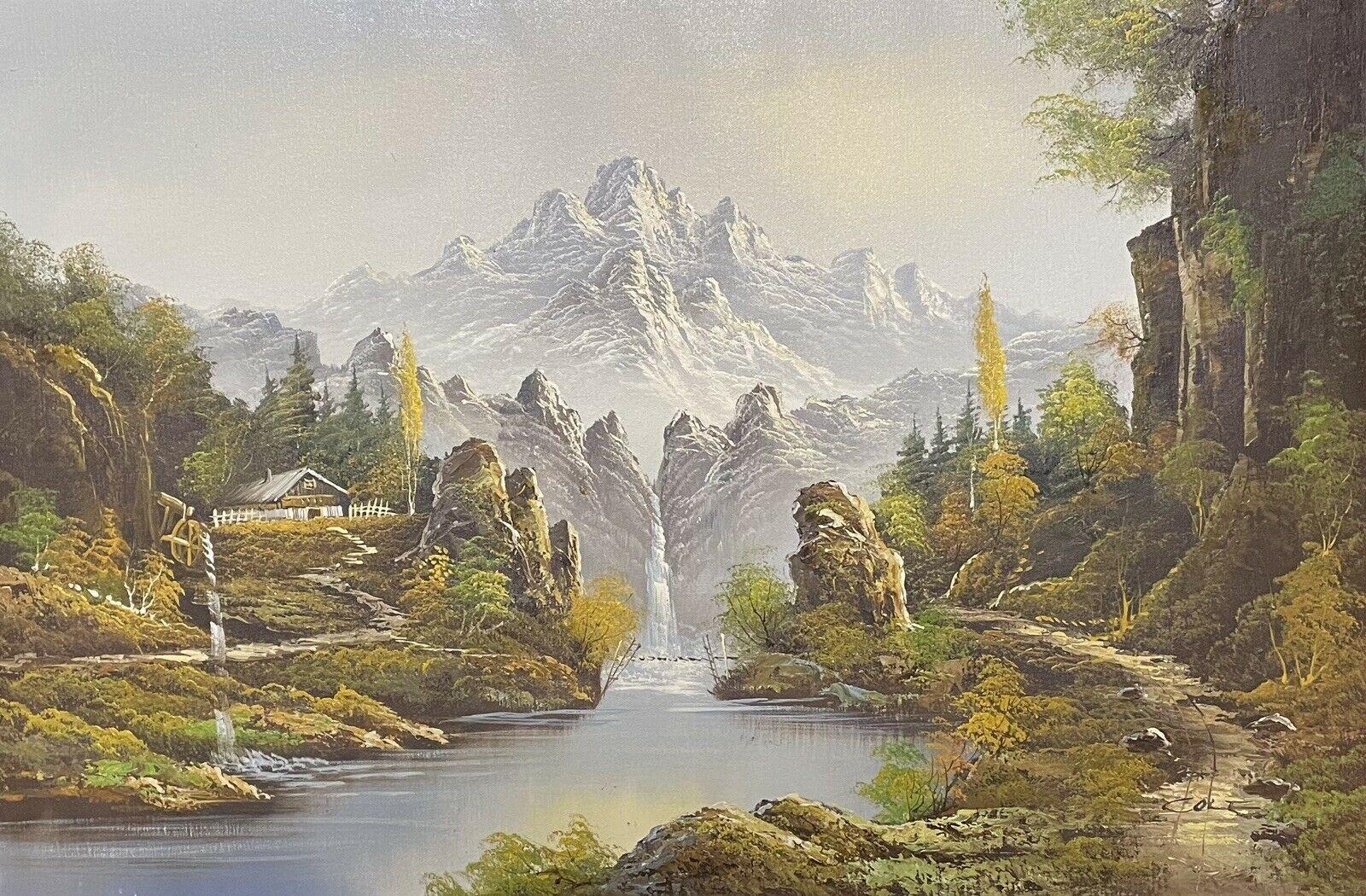 Unknown Landscape Painting - HUGE SIGNED EUROPEAN OIL PAINTING - RUGGED MOUNTAIN LANDSCAPE WATERFALL RIVER