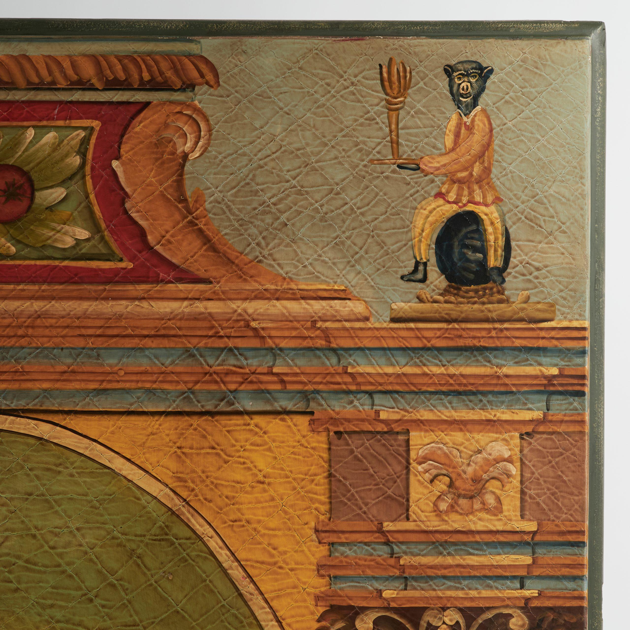 Huge Vintage Neoclassical Painted Panel with a Leopard and Monkeys - Brown Animal Painting by Unknown