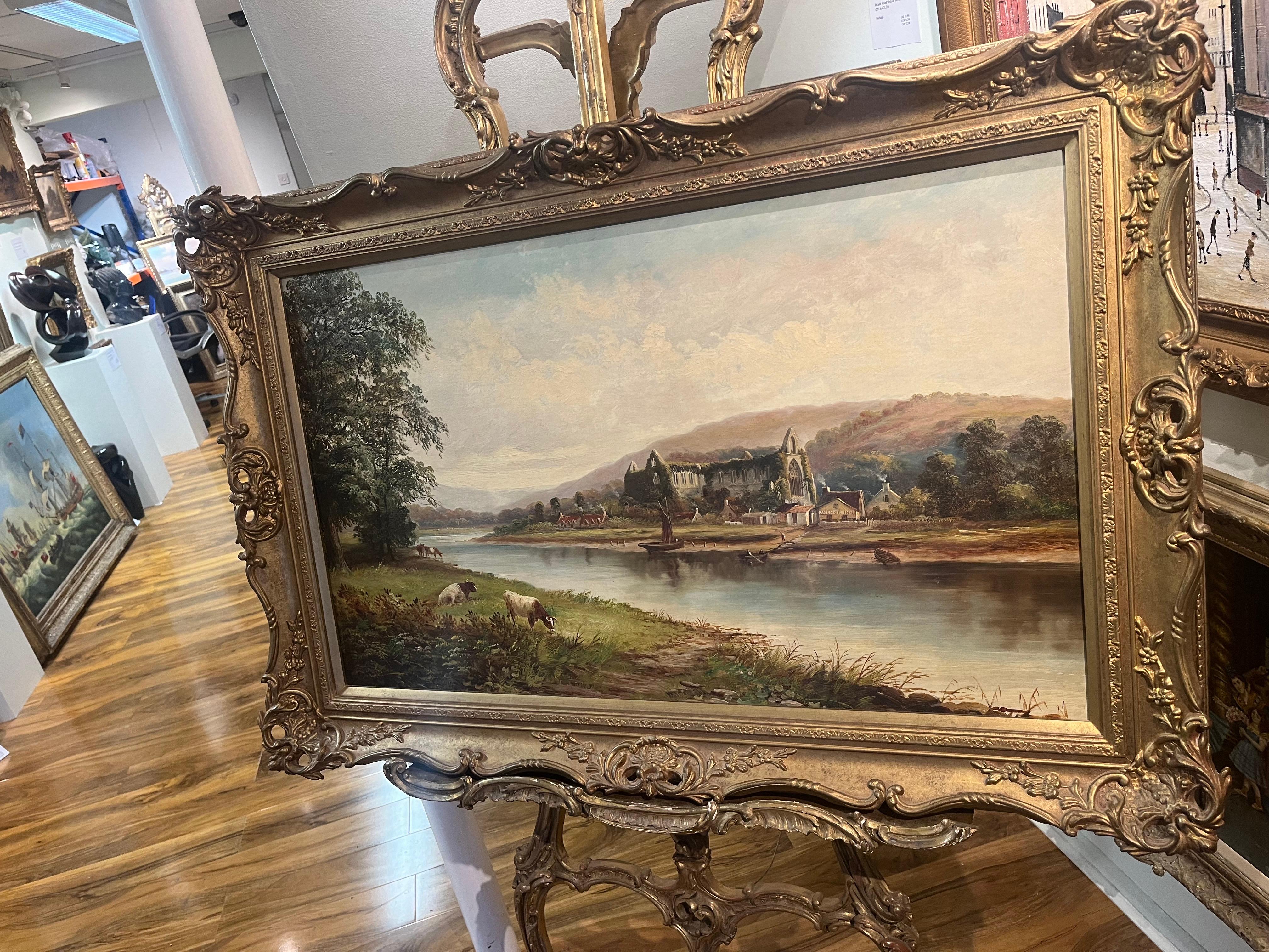 HUGH OIL PAINTING  Tintern Abbey Antique 19th Century Fine Quality Piece GGF - Painting by Unknown