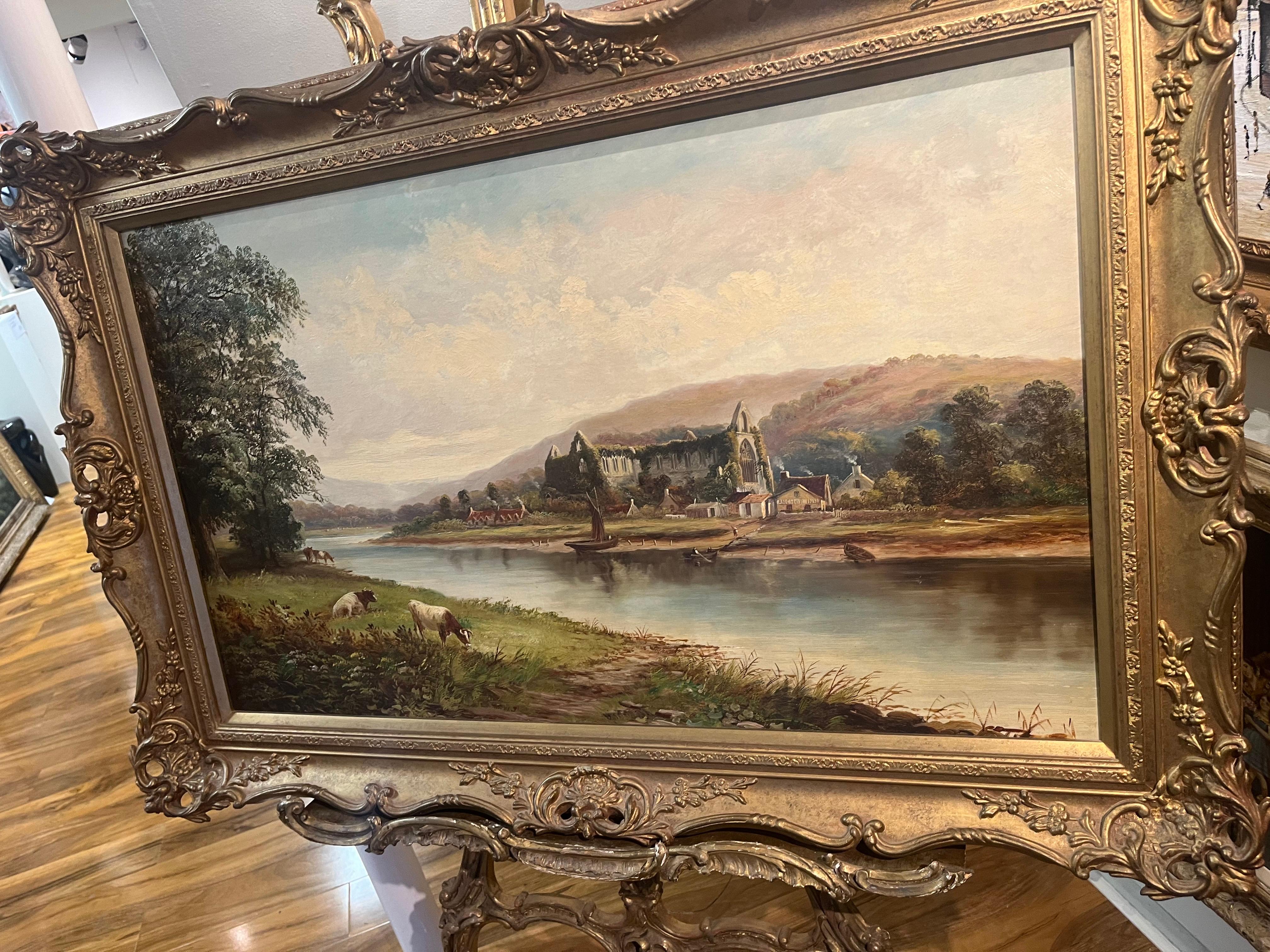HUGH OIL PAINTING  Tintern Abbey Antique 19th Century Fine Quality Piece GGF - Realist Painting by Unknown