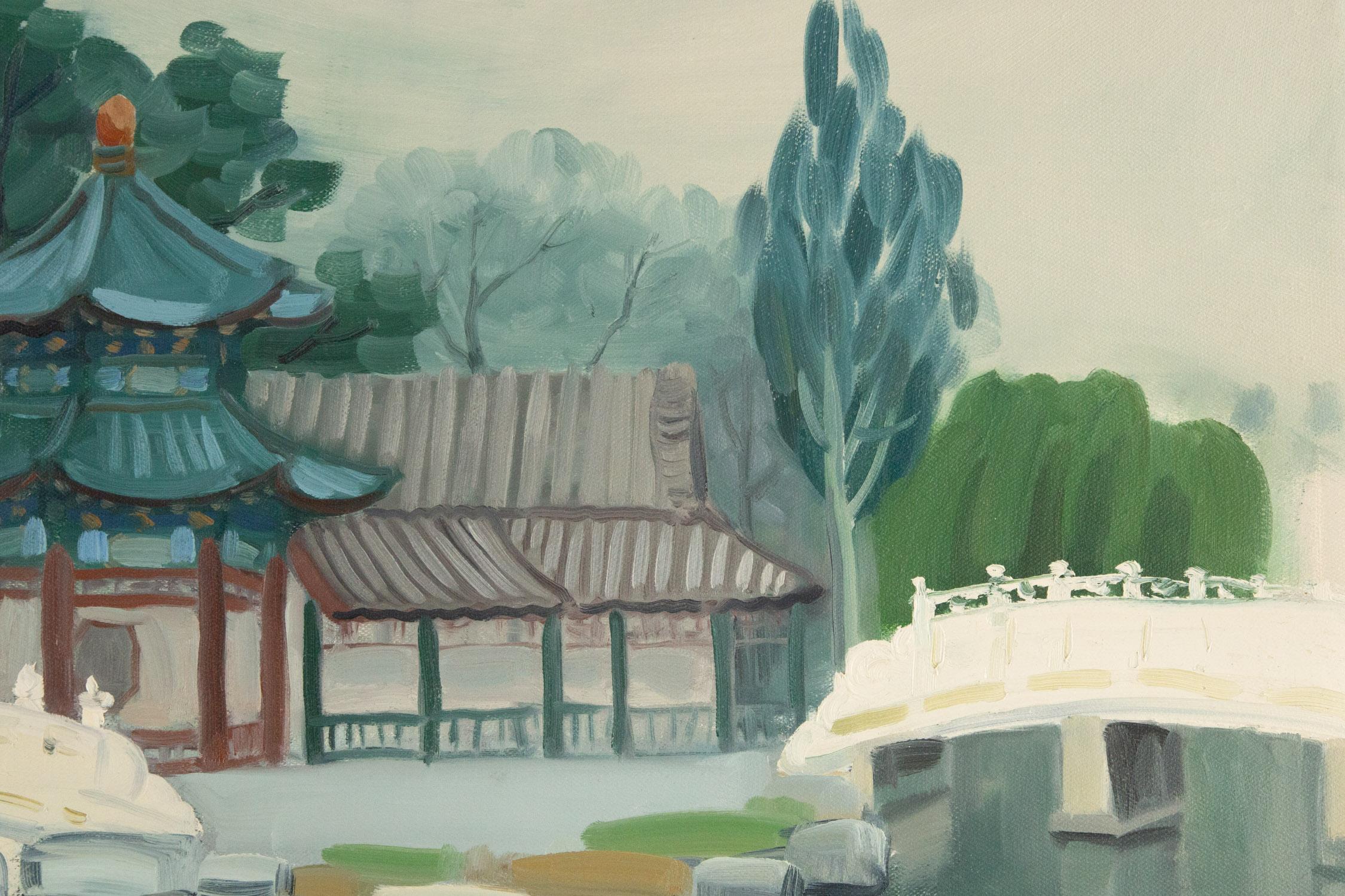 Huile sur toile originale Hui Sheng « Garden Serenity » ( Service du jardin) en vente 3
