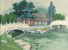 Huile sur toile originale Hui Sheng « Garden Serenity » ( Service du jardin)