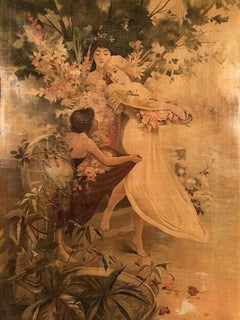 Antique Huile sur toile, Allégorie du printemps. Vers 1900, art nouveau