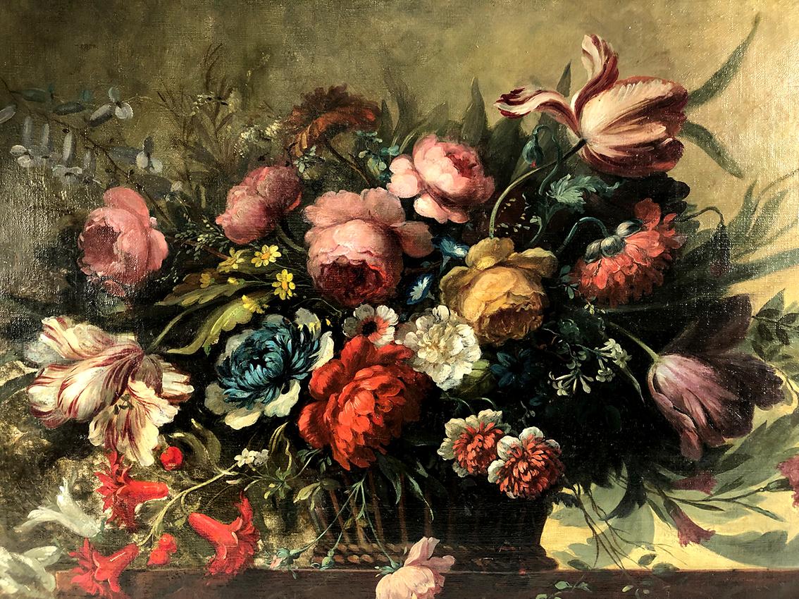 Huile sur toile, corbeille de fleurs sur un entablement dans le goût du XVIIe - Painting by Unknown