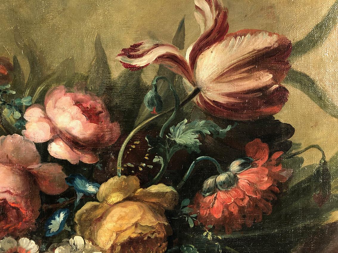 Huile sur toile, corbeille de fleurs sur un entablement dans le goût du XVIIe - Baroque Painting by Unknown