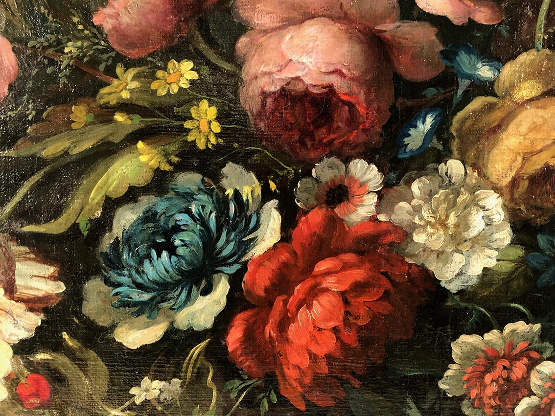 Huile sur toile, corbeille de fleurs sur un entablement dans le goût du XVIIe 1