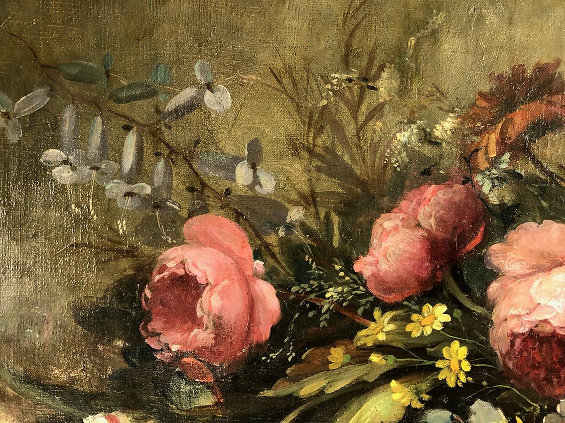 Huile sur toile, corbeille de fleurs sur un entablement dans le goût du XVIIe 2