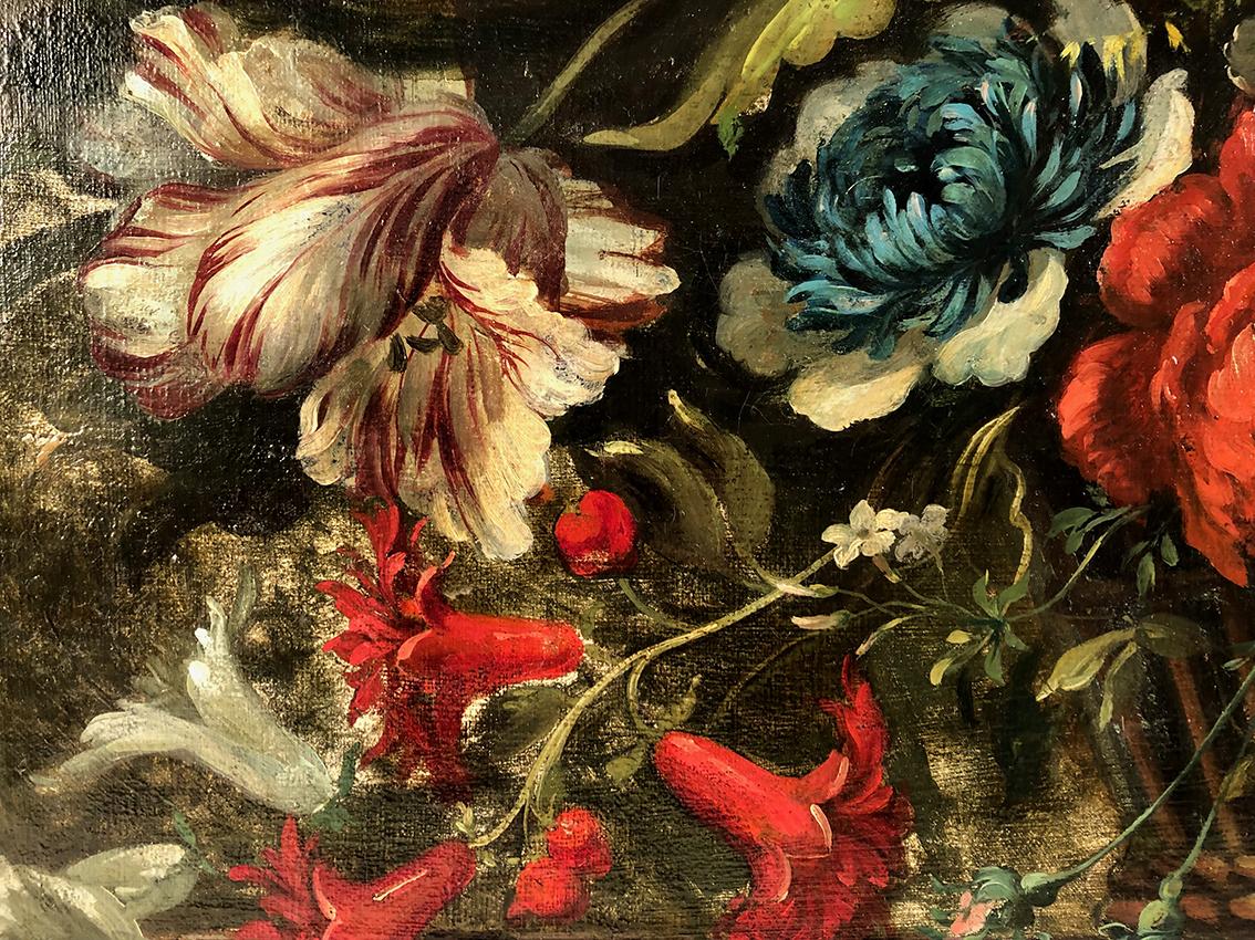 Huile sur toile, corbeille de fleurs sur un entablement dans le goût du XVIIe 3
