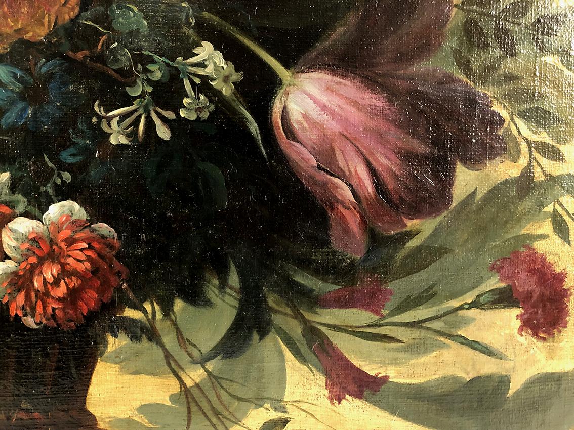 Huile sur toile, corbeille de fleurs sur un entablement dans le goût du XVIIe 4