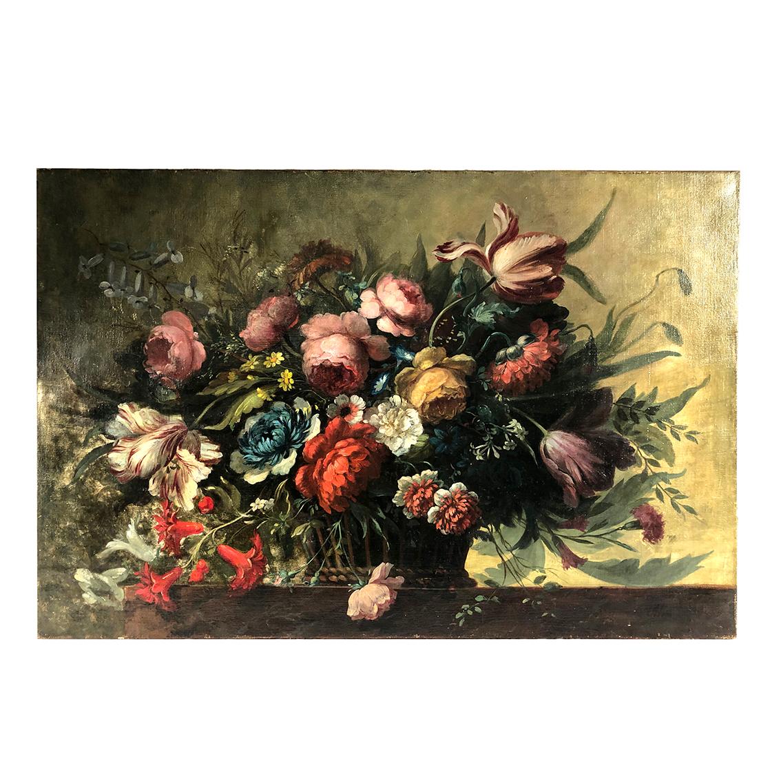Unknown Still-Life Painting - Huile sur toile, corbeille de fleurs sur un entablement dans le goût du XVIIe