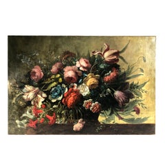 Antique Huile sur toile, corbeille de fleurs sur un entablement dans le goût du XVIIe
