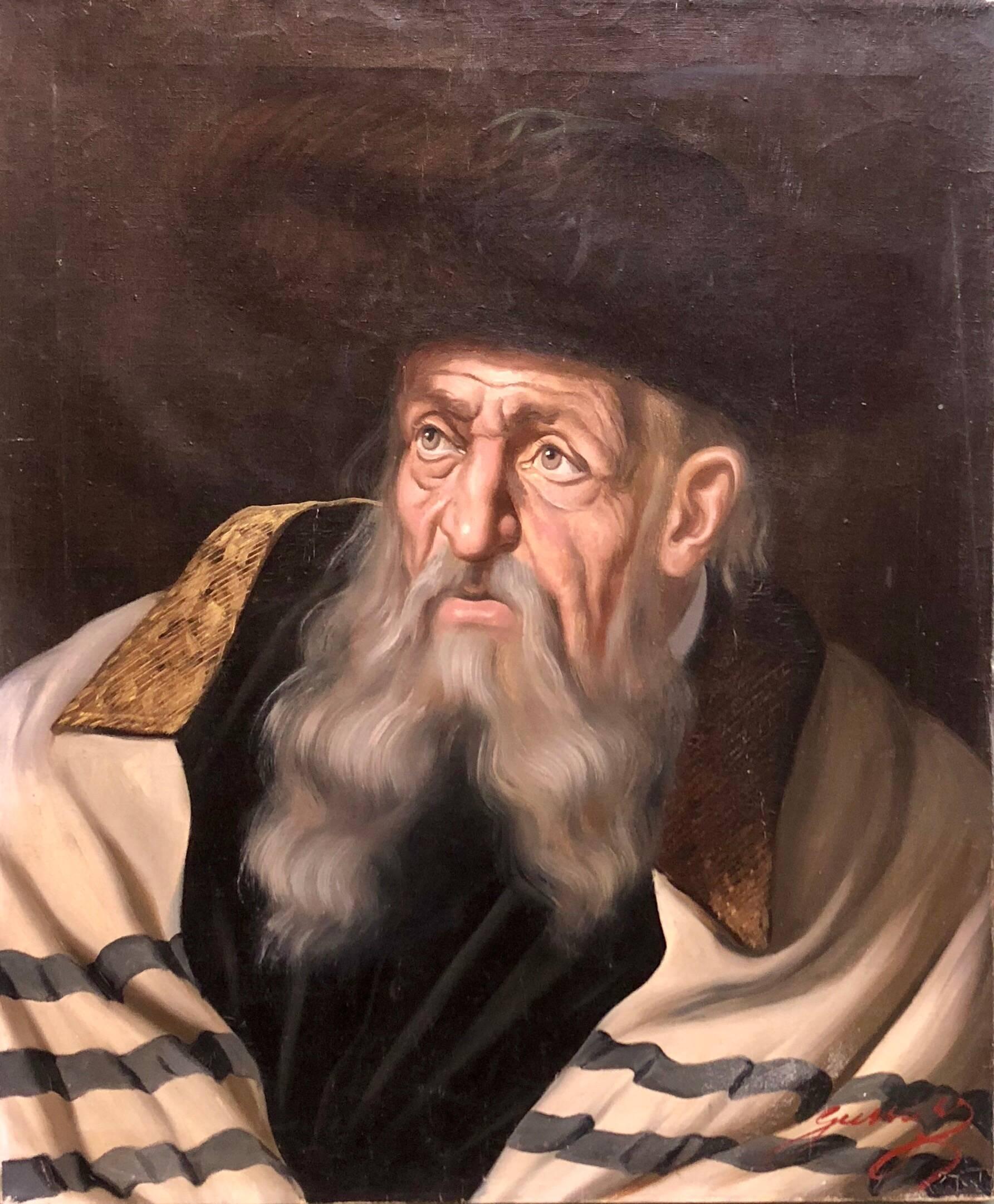 20th century Jewish Chassidic Rabbi with fur hat portrait, Judaica Oil Painting