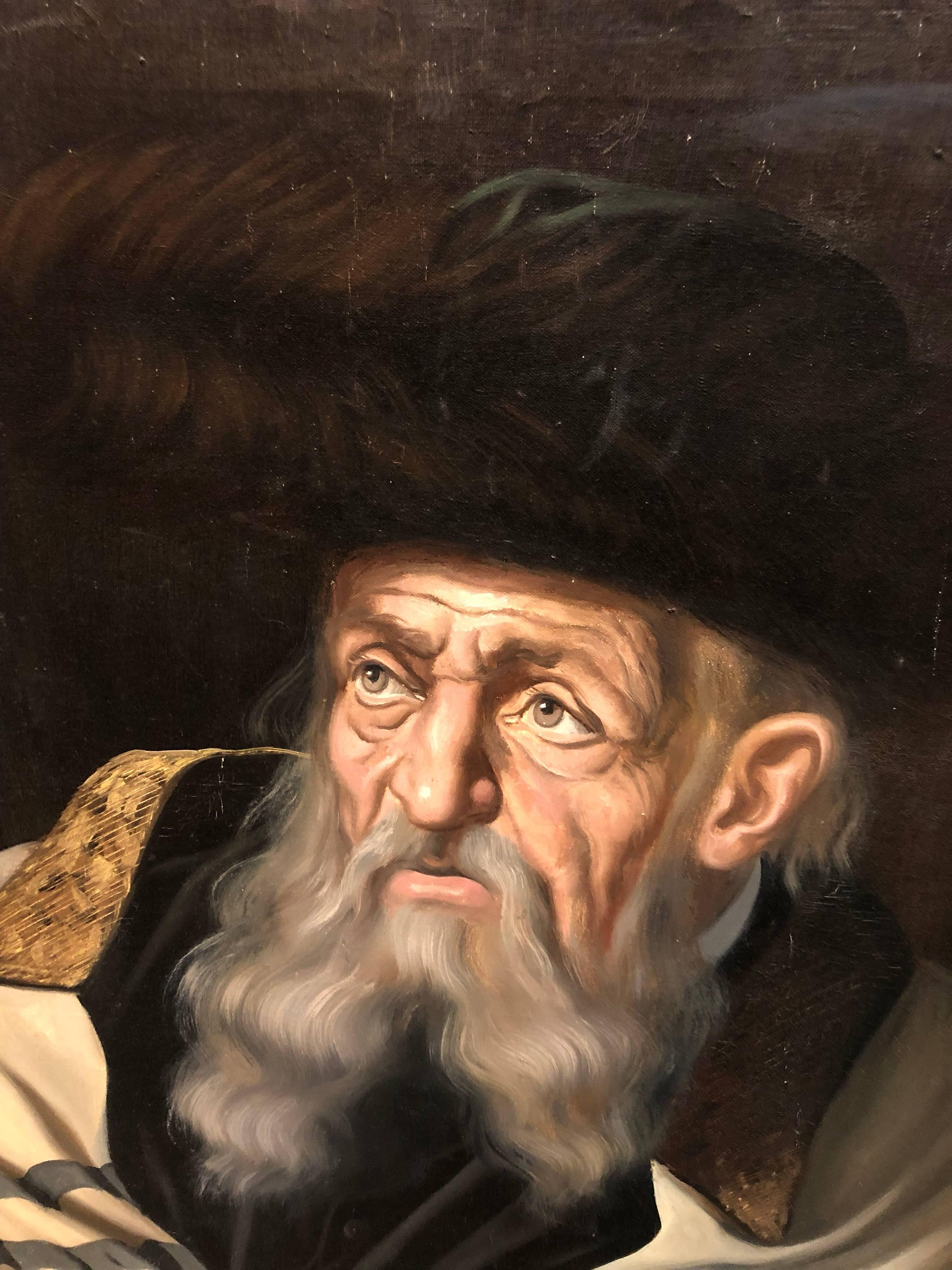 Hungarian Rabbi Judaica Oil Painting Hasidic Rabbi with Shtreimel For Sale 1