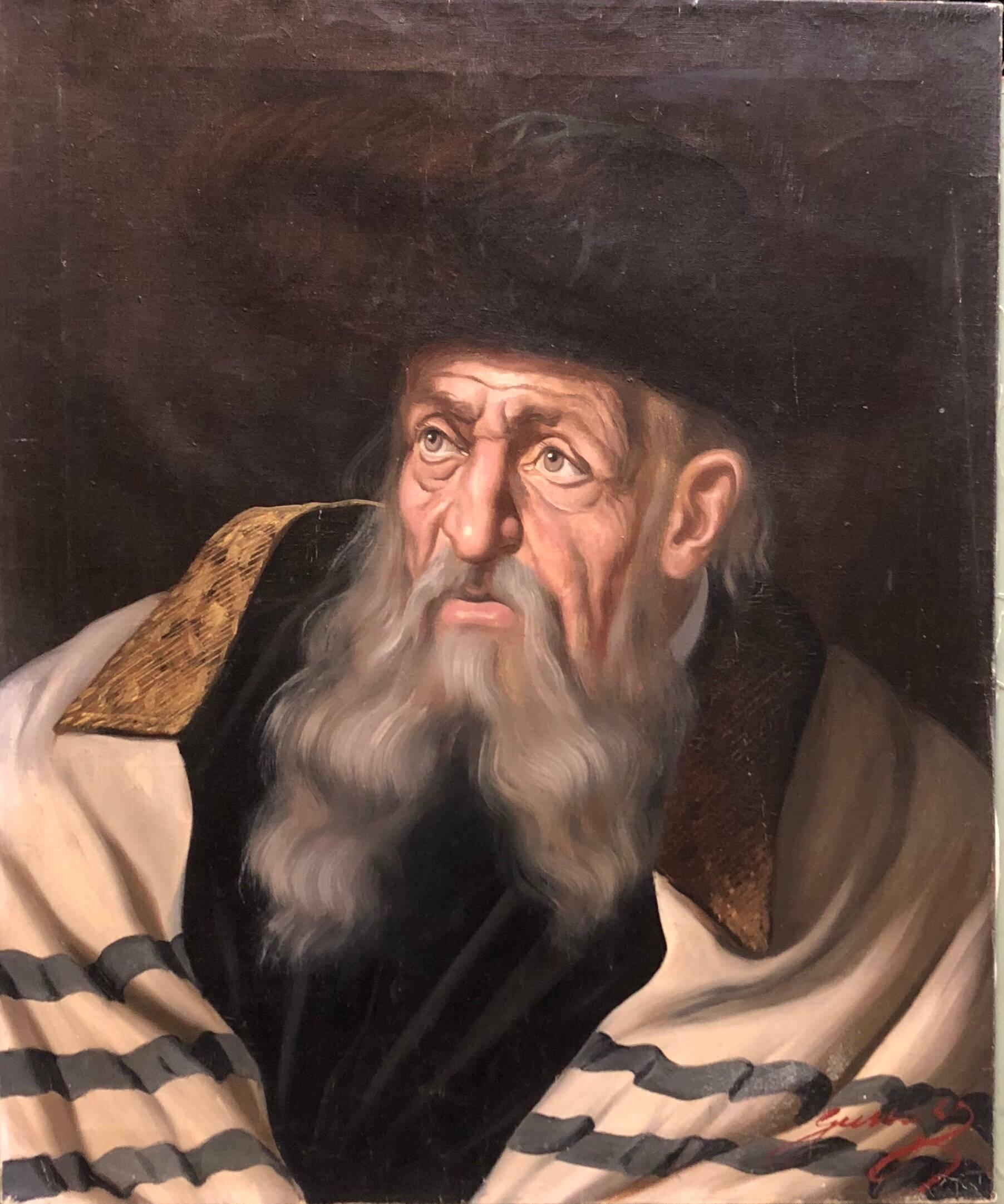 Unknown Portrait Painting - Hungarian Rabbi Judaica Oil Painting Hasidic Rabbi with Shtreimel