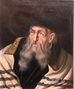Vintage Hungarian Rabbi Judaica Oil Painting Hasidic Rabbi with Shtreimel