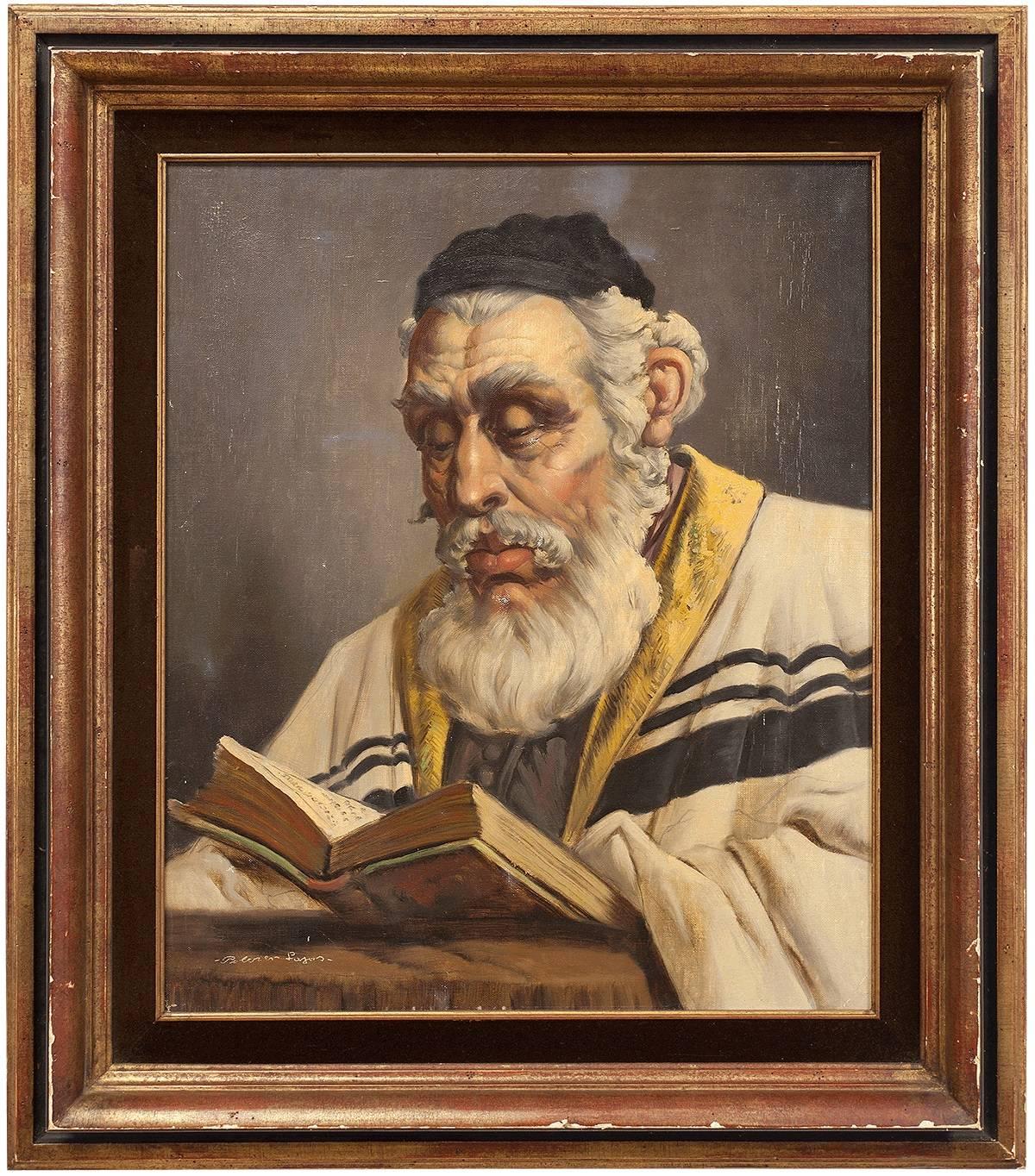 Unknown Portrait Painting - Hungarian Rabbi Large Judaica Portrait Oil Painting 