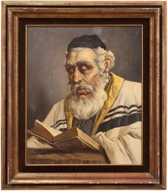 Hungarian Rabbi Large Judaica Portrait Oil Painting 
