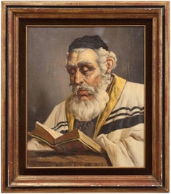 Hungarian Rabbi Large Judaica Portrait Oil Painting