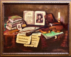 Hungarian Still Life Tableaux With Violin and Music Notes Oil Painting