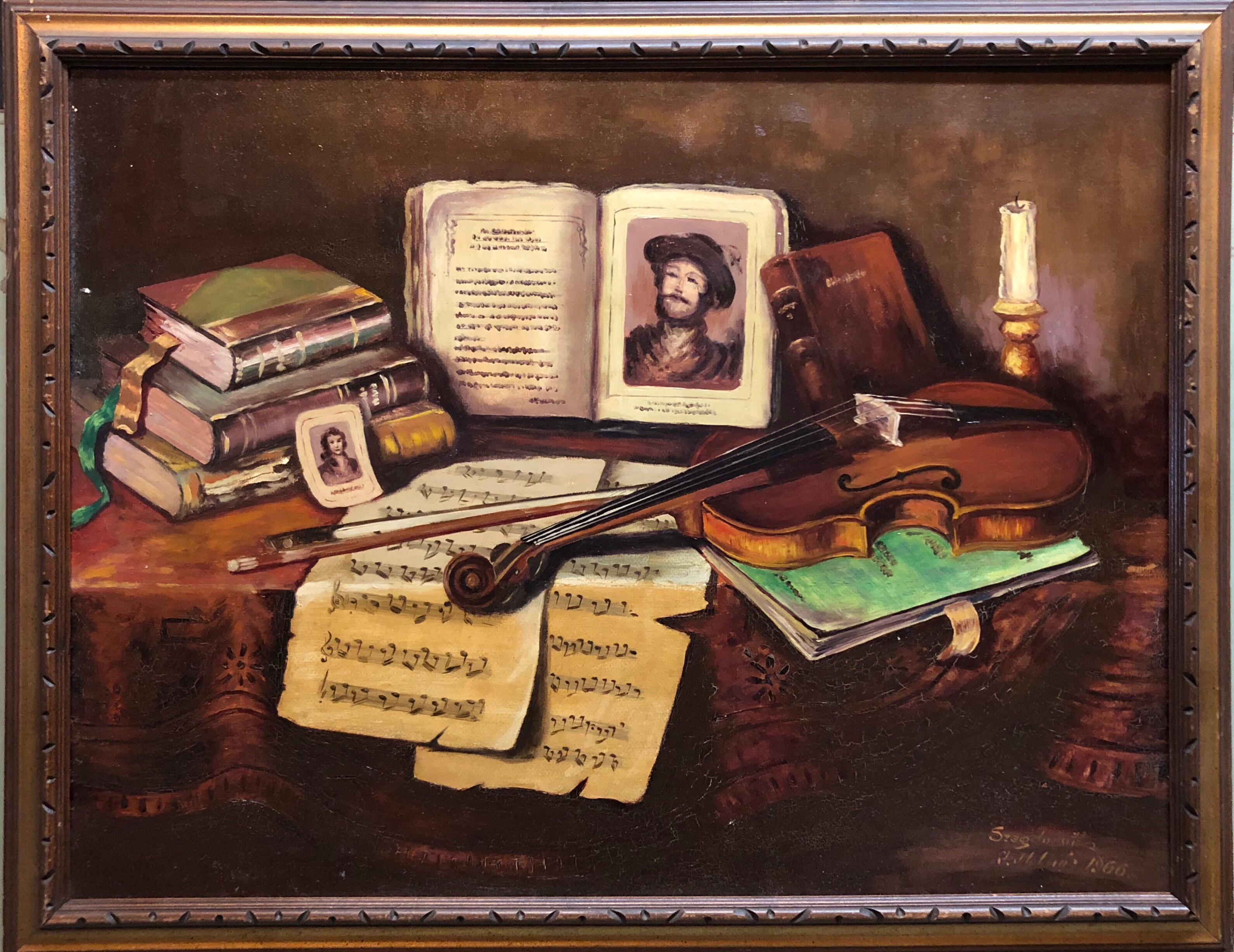 Unknown Interior Painting - Hungarian Still Life Tableaux With Violin and Music Notes Oil Painting