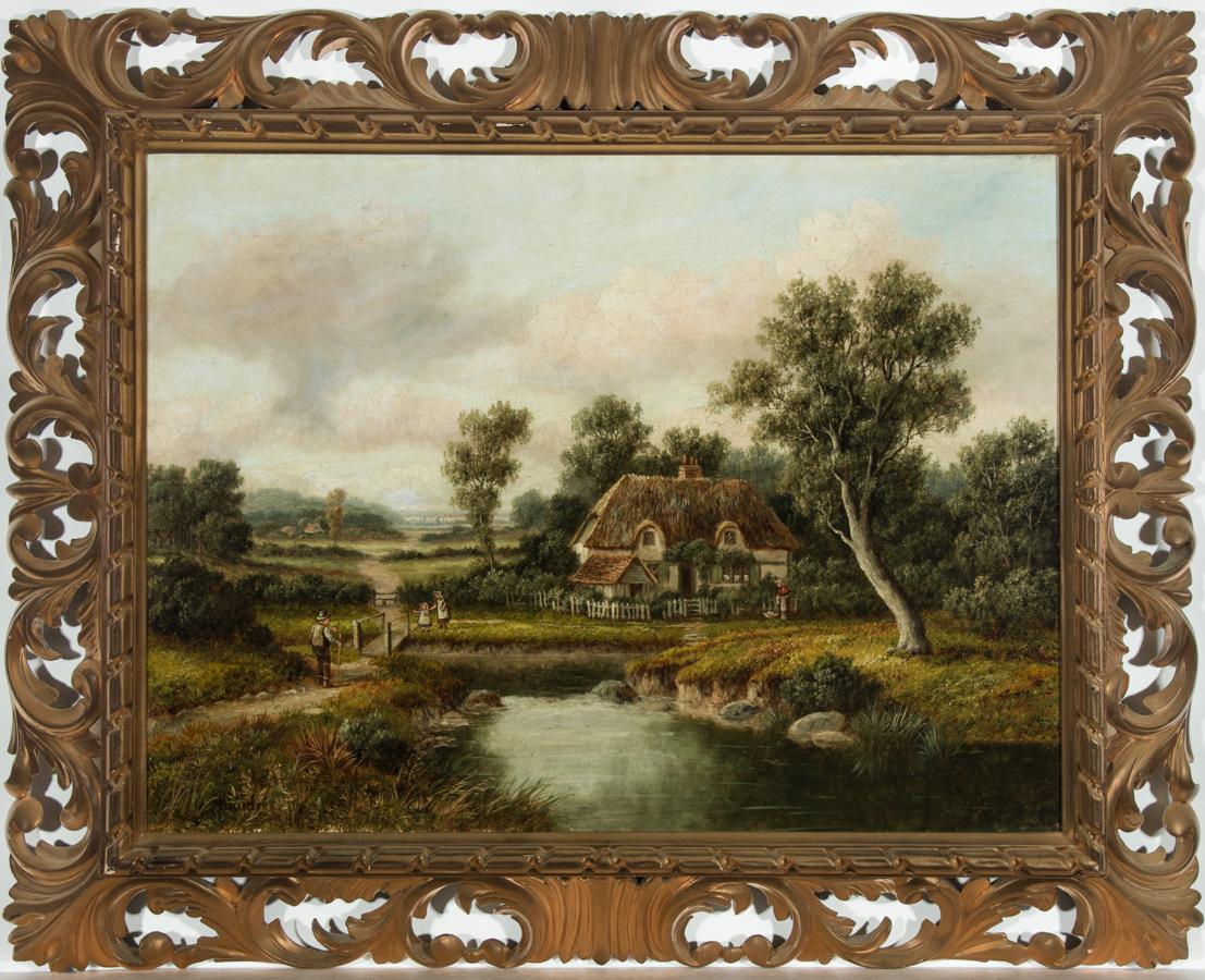 Unknown Landscape Painting - Hunter - Ornately Framed Early 20th Century English Oil, River Cottage