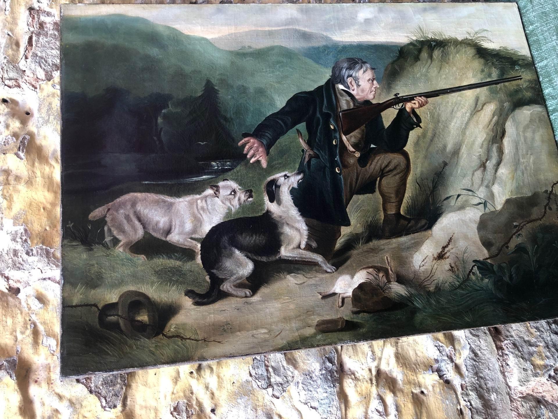 Chasseur avec deux chiens et fusil à la main sur le point de tirer Grande peinture à l'huile - Victorien Art par Unknown