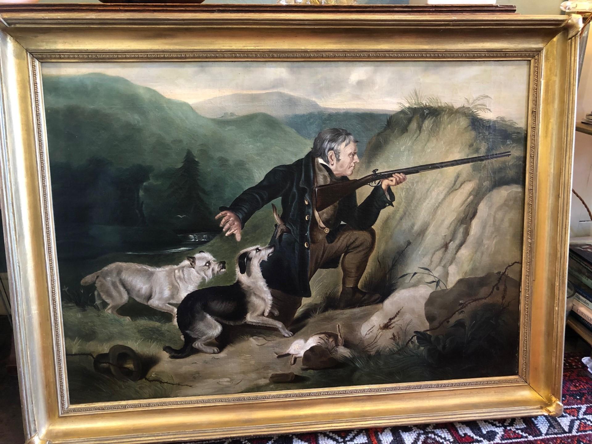 Chasseur avec deux chiens et fusil à la main sur le point de tirer Grande peinture à l'huile